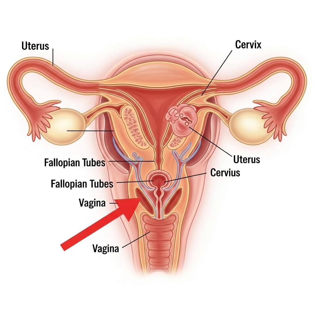 Vaginalkræft symboliseret ved planche med tegning af nedre kvindelige kønsorganer og et par forklarende tekster ved siden samt en større rød pil der peget mod cervix.