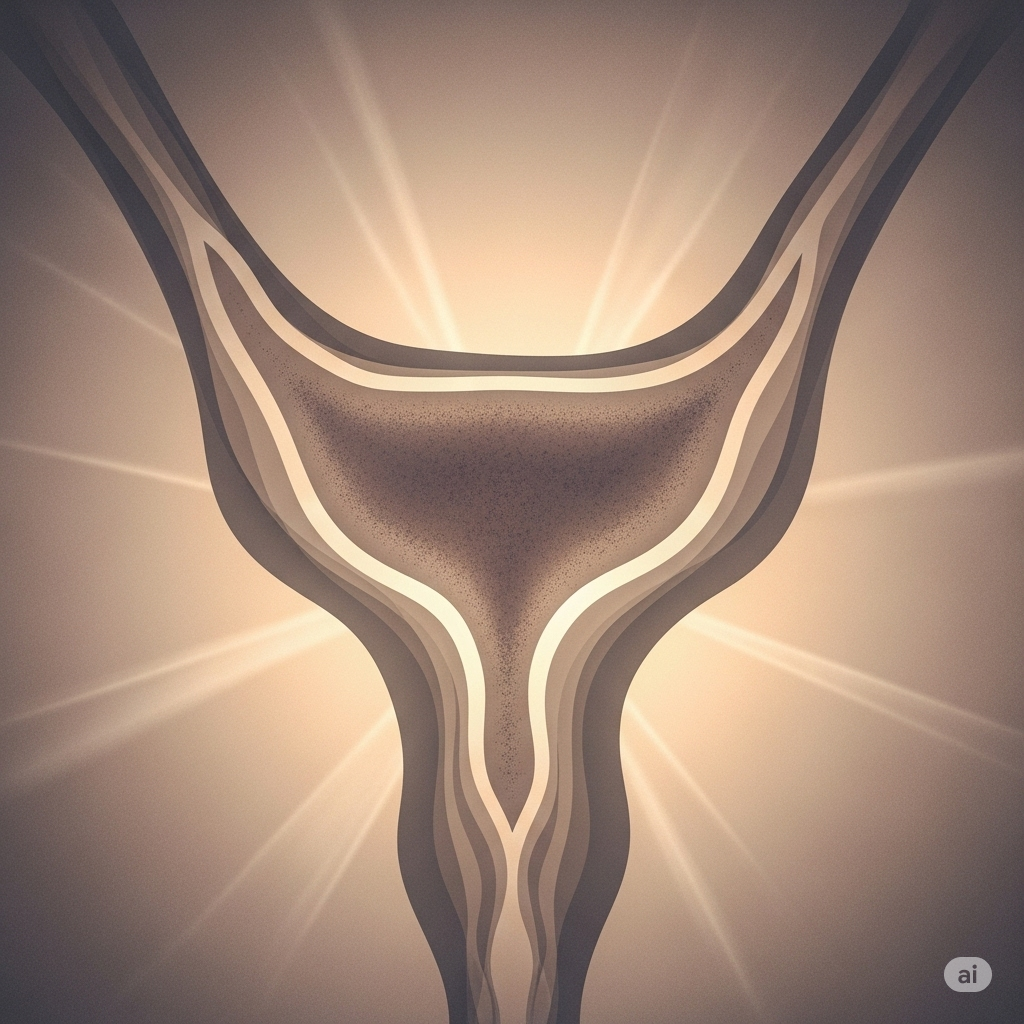 Overleveres kræfthistorier. Vaginalkræft symboliseret ved en symbolsk illustration af noget der kunne være en skematisk livmoder i grå-brune nuancer.