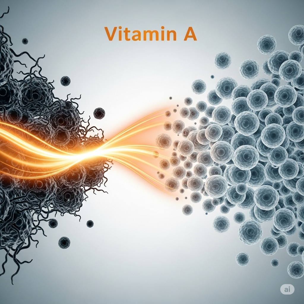 Vitamin A symboliseret ved symbolsk billede af grå celler der påvirkes af lysflamme, der får disse til at ændre karakter. grå baggrund.