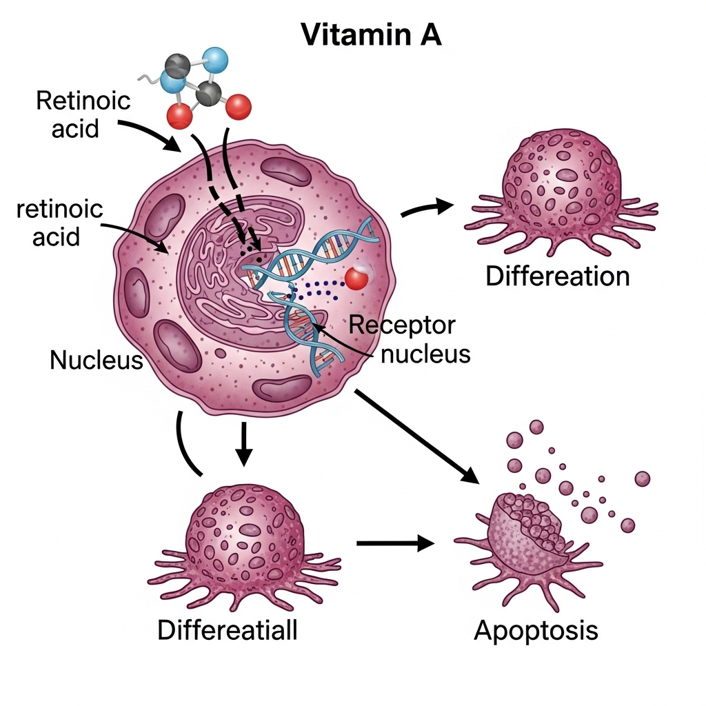 Vitamin A symboliseret ved planche med lilla celle der skal illustrere virkning. andre celler ved siden af. hvid baggrund.