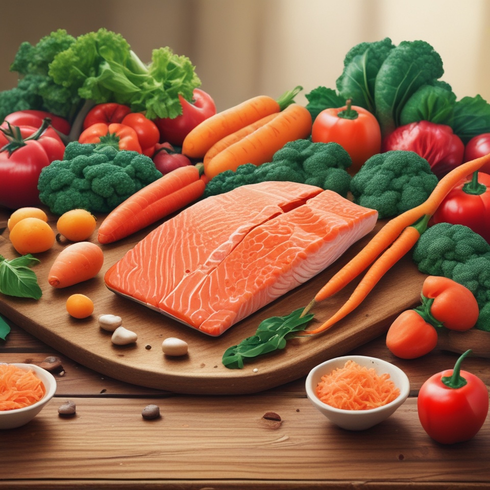 Vitamin A symboliseret ved fotolignende billede af laksebøffer, tomater, gulerødder, broccoli, spinat mm på et bord.