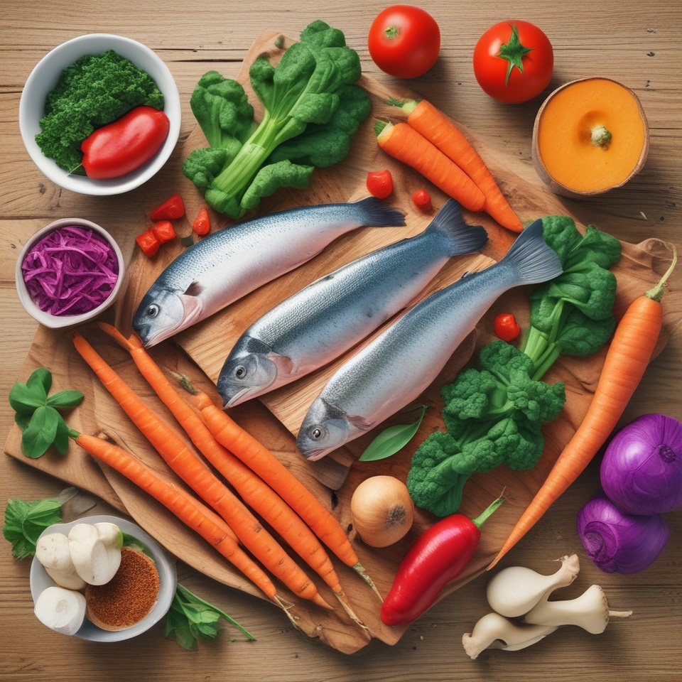 Vitamin A symboliseret ved fotolignende billede af gulerødder, sild, tomater, løg, broccoli, og flere andre grøntsager på et træbord.