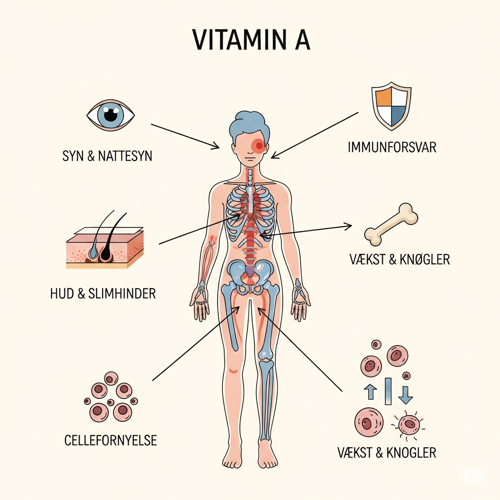 Vitamin A symboliseret ved planche af kvinde med symboler ved siden. hvid baggrund.