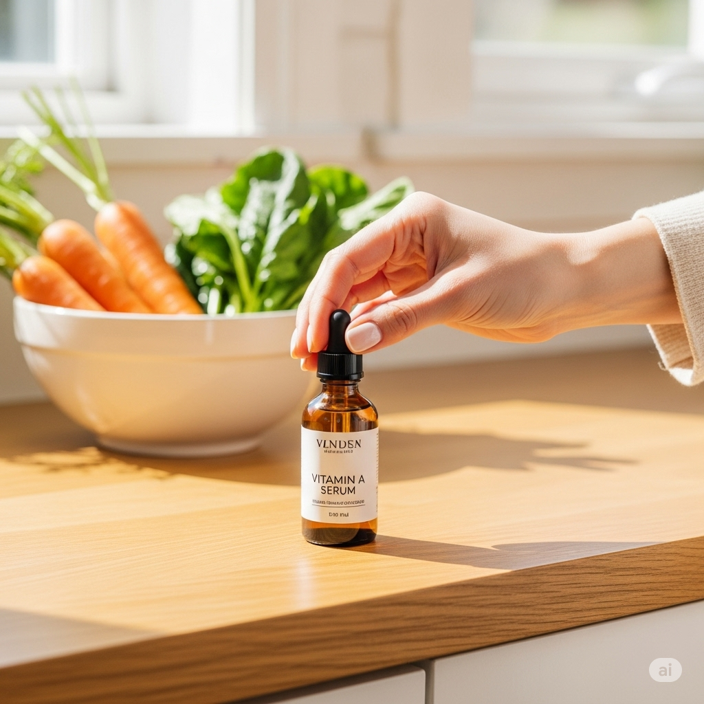 Vitamin A symboliseret ved bordplade med flaske med levertrandråber m pipette og en hvid skål med gulerødder og spinat. En hånd holder om pipetten. Lys bordplade.
