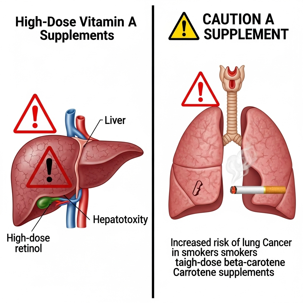 Vitamin A symboliseret ved planche med lever og lunger vist som symboler. Der er advarselstrekanter ved begge. Hvid baggrund.