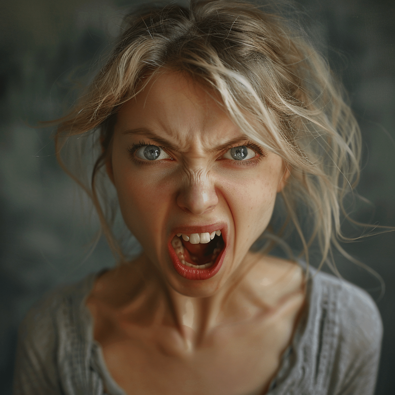 Vrede og frustration symboliseret ved kvinde der råber og ser meget vred ud. Man ser kun hovedet. Hun er lyshåret.