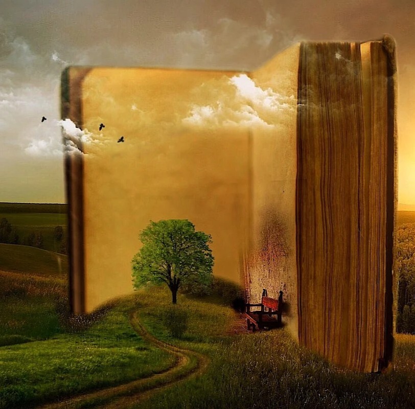 Min kræfthistorier symboliseret ved en gammel opslået bog, der er voldsomt overdimensioneret i forhold til den natur med en sti og el træ, der står foran og fylder halvt op på en ubeskrevet side.