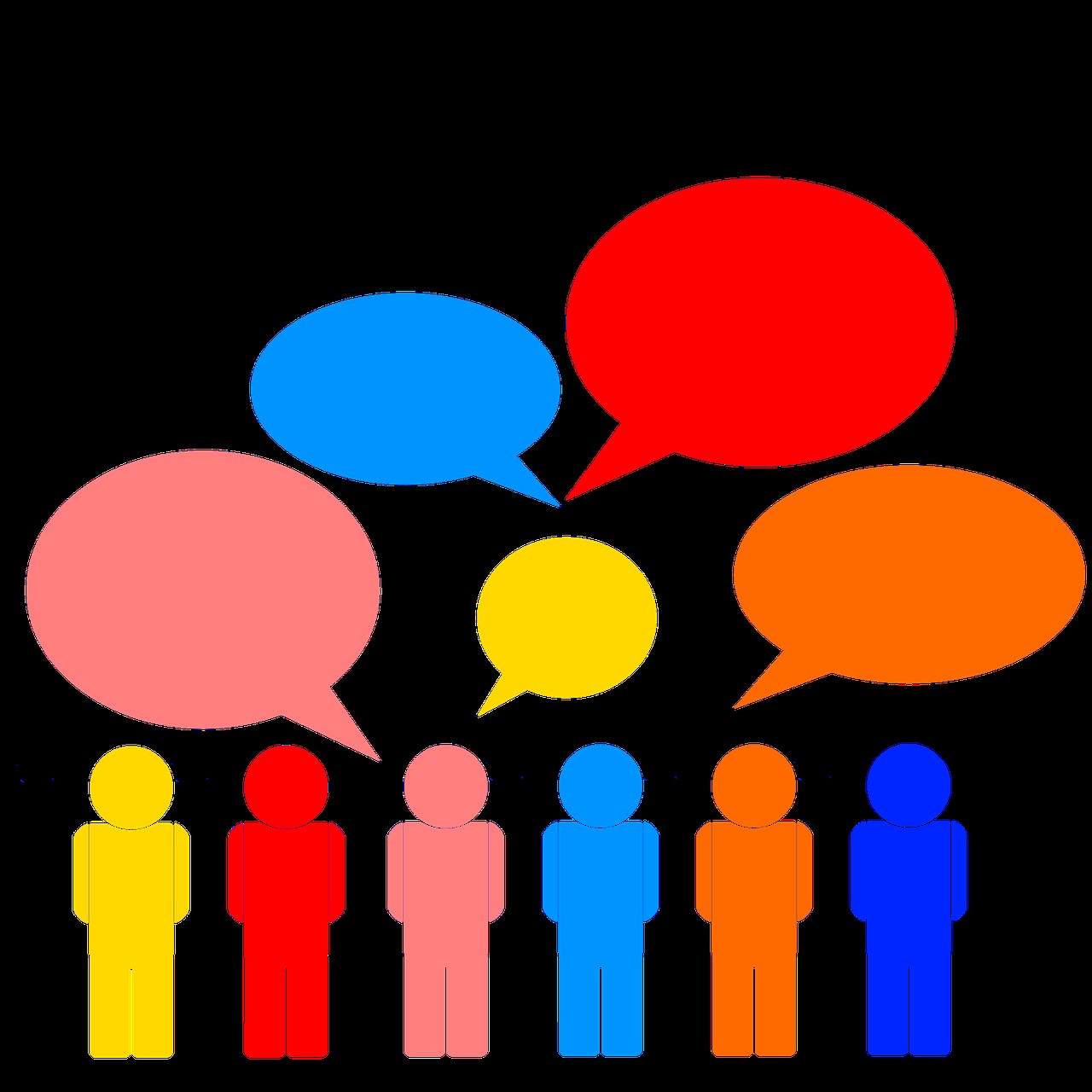 Min kræfthistorier symboliseret ved 6 piktogrammer af mennesker i forskellig farve og talebobler over disse. Sort baggrund.