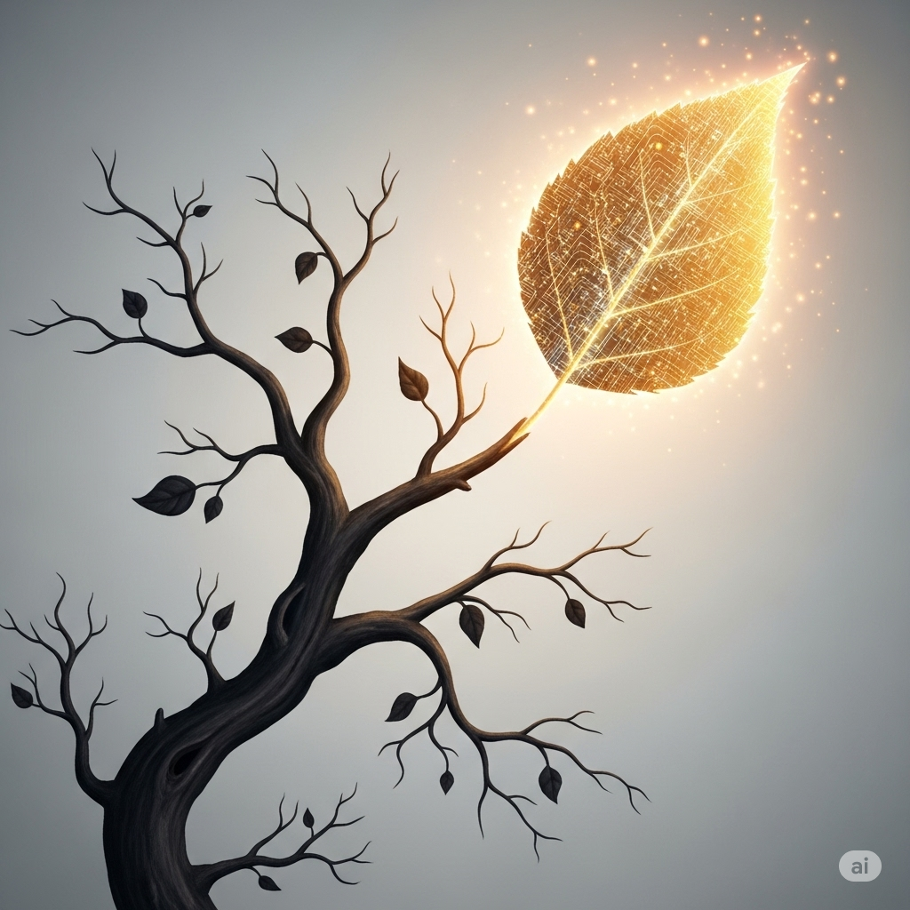 AI og kræft symboliseret ved et vissent træ, hvor kun få blade sidder tilbage. Øverst et langt større blad end de øvrige. Dette er i gylden farve.