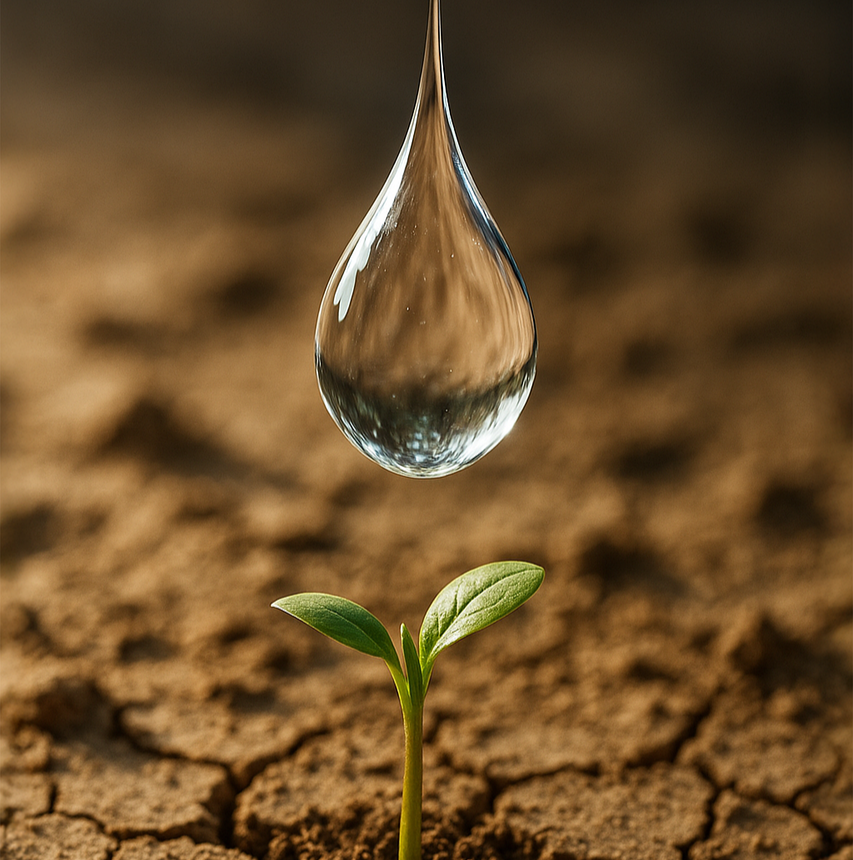 Angst for recidiv symboliseret ved en regndråbe der er ved at ramme en lille spire i gold jord.