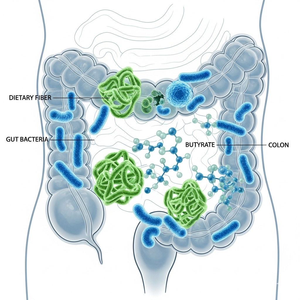 Butyrat eller smørsyre symboliseret ved et tyktarmsforløb tegnet i blåt med grønne celler der har en virkning.