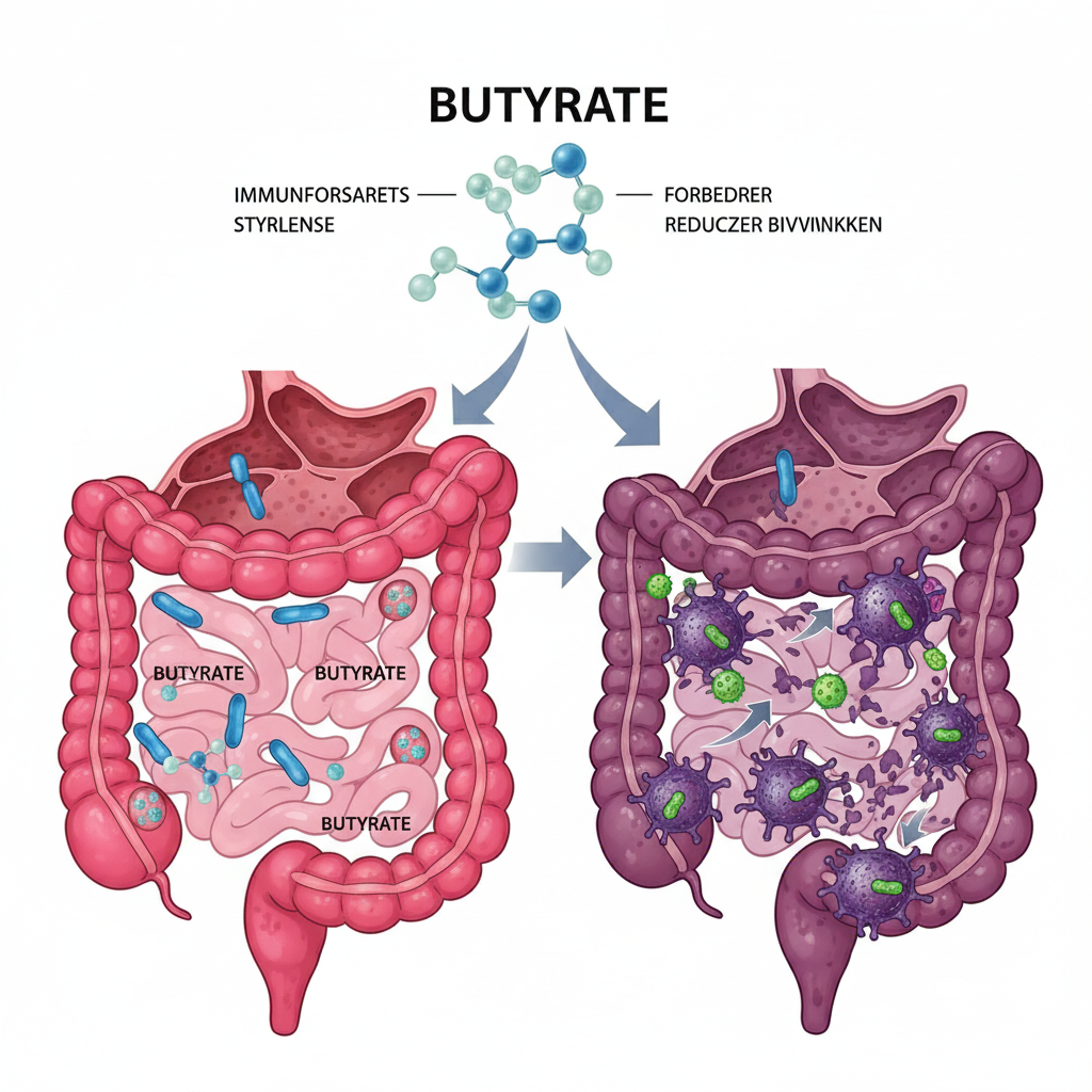 Butyrat eller smørsyre symboliseret ved to tegnede tyktarmsforløb ved siden af hinanden. Den ene lyserød den anden lilla. Den lilla har nogle lilla celleenheder der bliver påvirket.