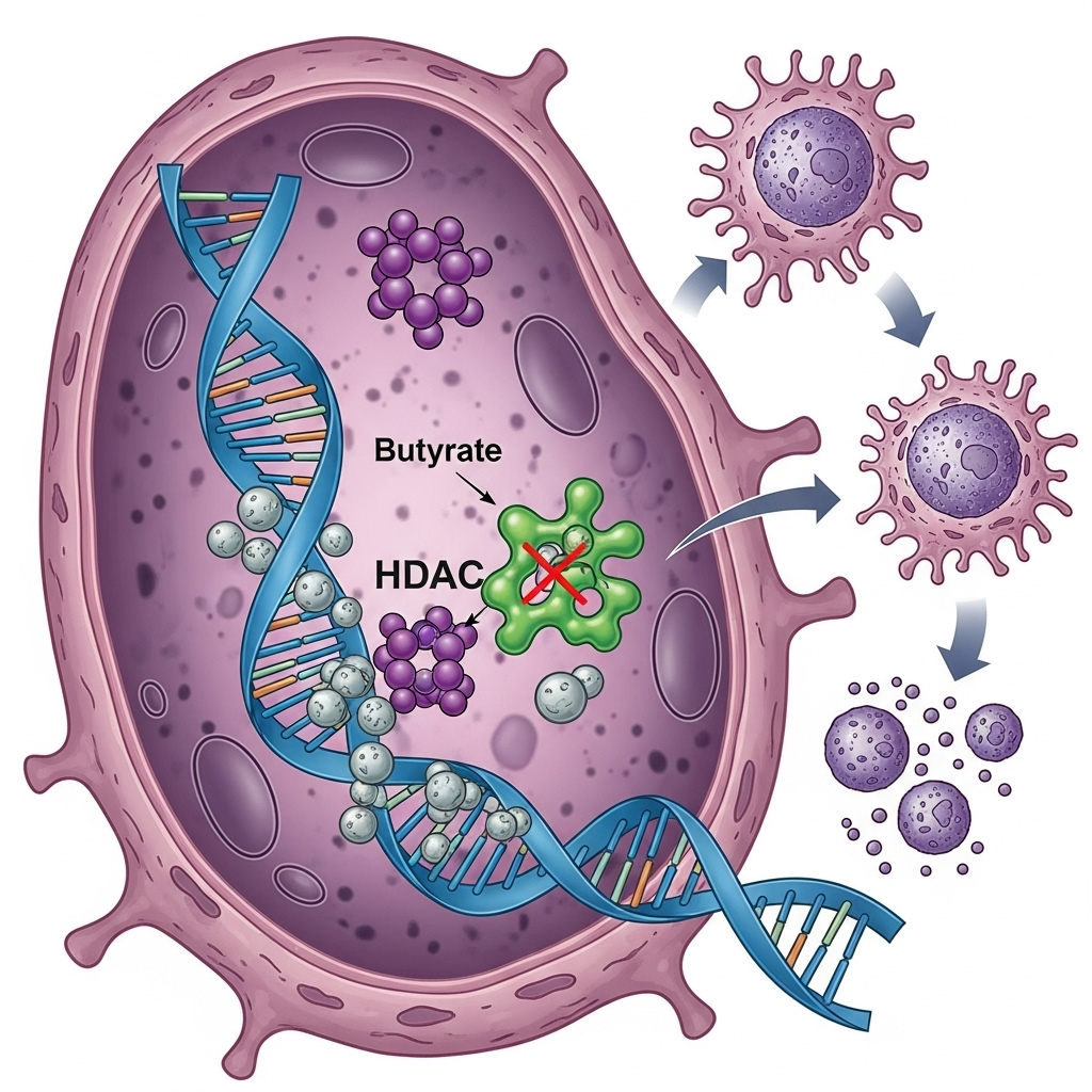 Butyrat eller smørsyre symboliseret ved lilla celle med dna strenge inden i og mindre celler udenfor.