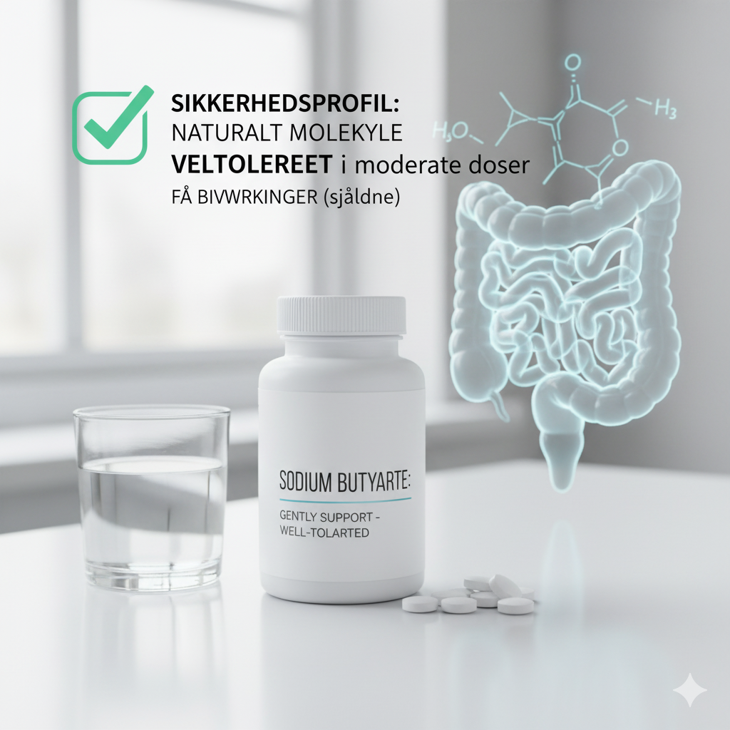 Butyrat eller smørsyre symboliseret ved et hvide plastikpilleglas med påskrift og en gennemsigtig tyktarm med krøs til højre. Vindue i baggrunden.