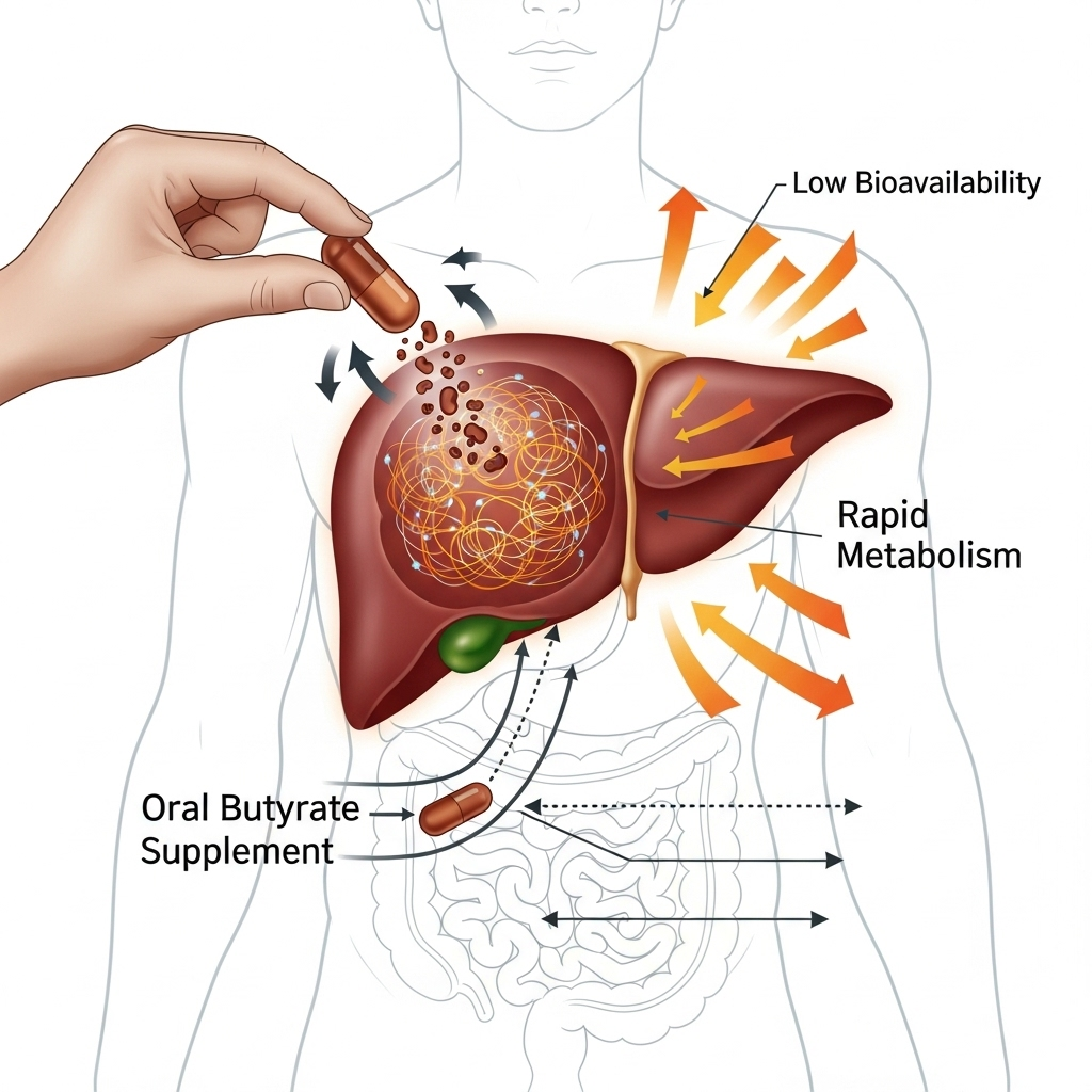 Butyrat eller smørsyre symboliseret ved tegning af en lever, hvor en hånd hælder noget fra en kapsel ud over.
