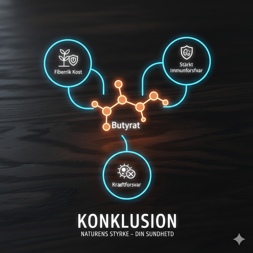 Butyrat eller smørsyre symboliseret ved en mørk baggrund med 3 turkise cirkler og en orange molekylestruktur i midten.