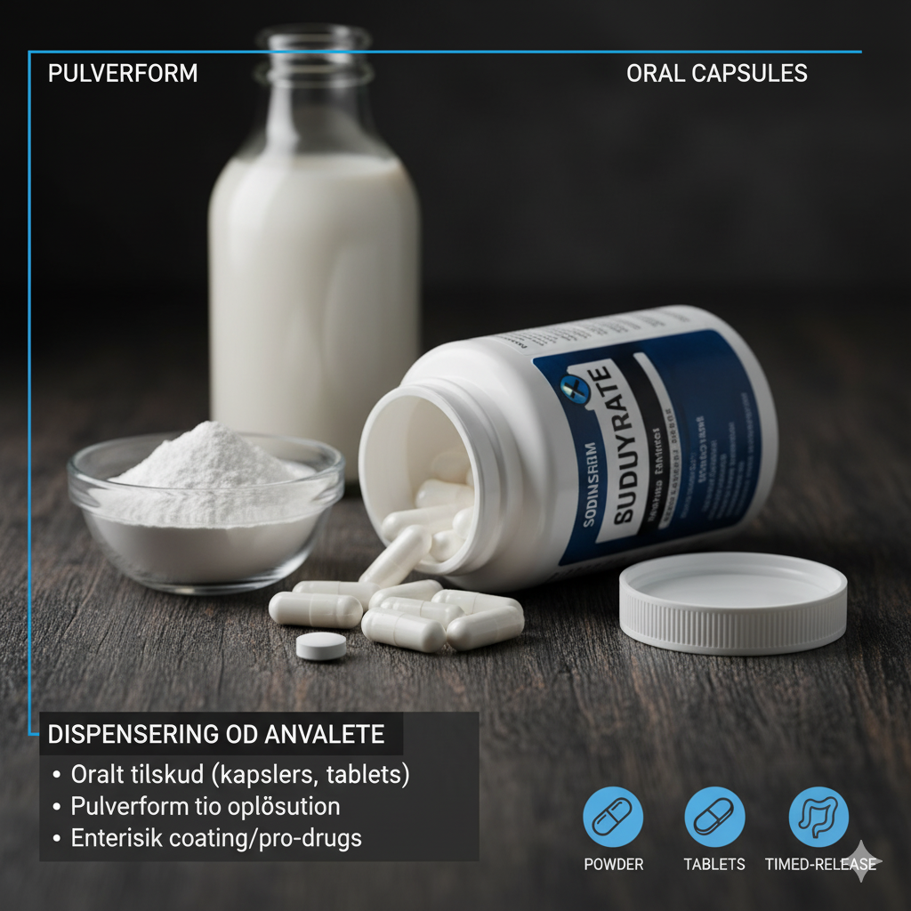 Butyrat eller smørsyre symboliseret ved hvidt pilleglas der ligger ned med piller ud på bordet, en skål med hvidt pulver og en flaske med hvidt pulver. Mørk bordplade.