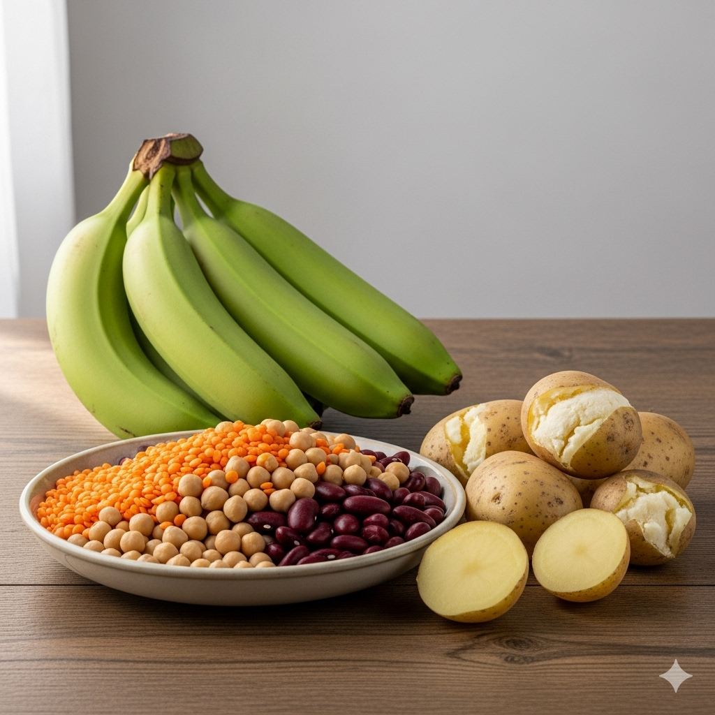 Butyrat eller smørsyre symboliseret ved umodne bananer, en skål med kikærter, linser og bønner og nogle kartofler der ligger ved siden af.