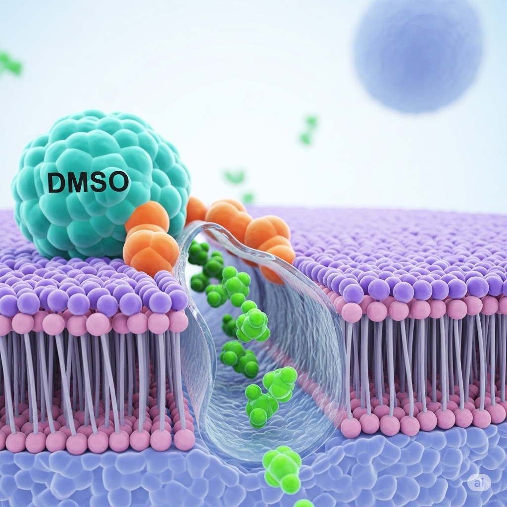 DMSO symboliseret ved epitelcellelignende strukturer og et DMSO-molekyle der hjælper andre molekyler med at trænge igennem.