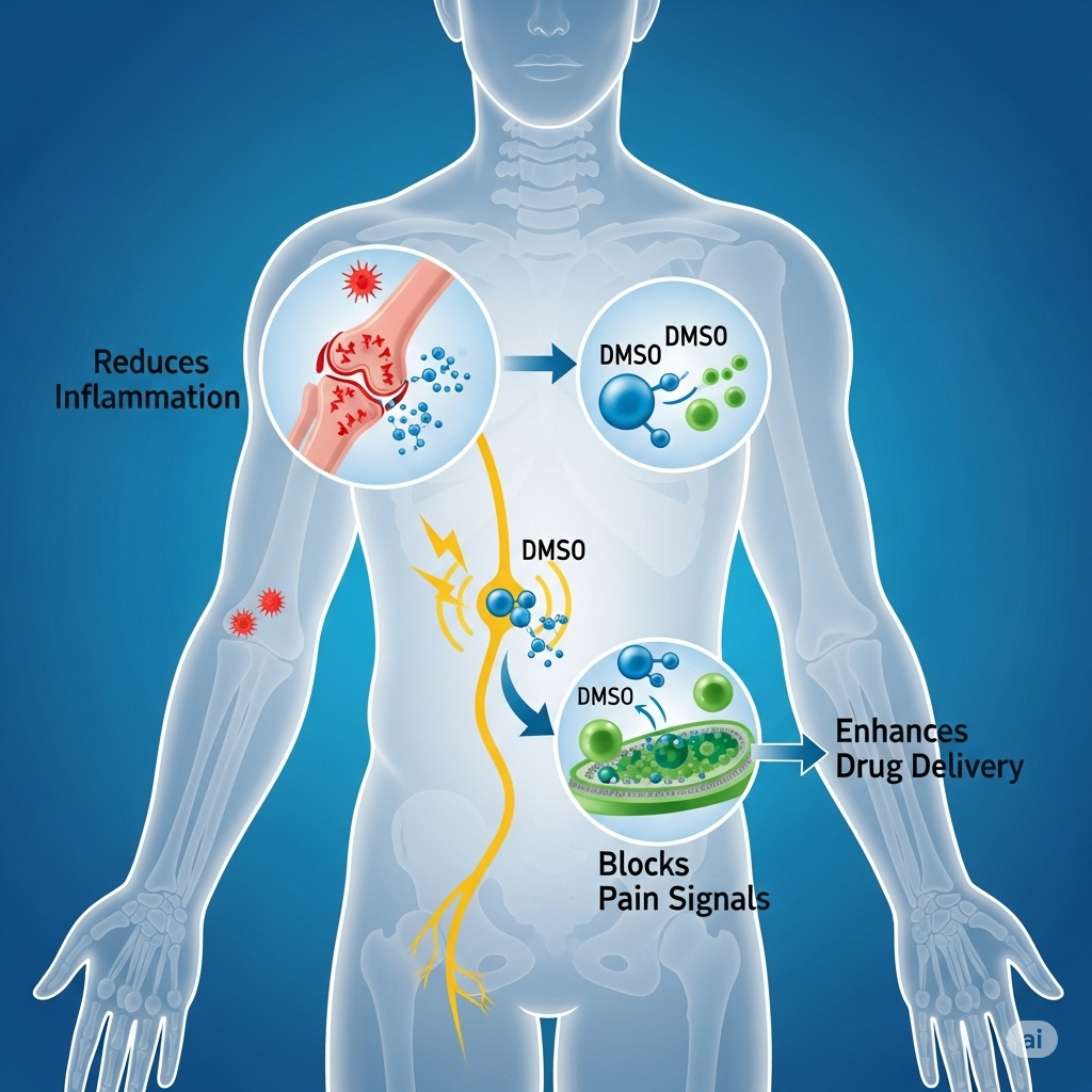 DMSO symboliseret ved planche over hvordan det virker i kroppen.