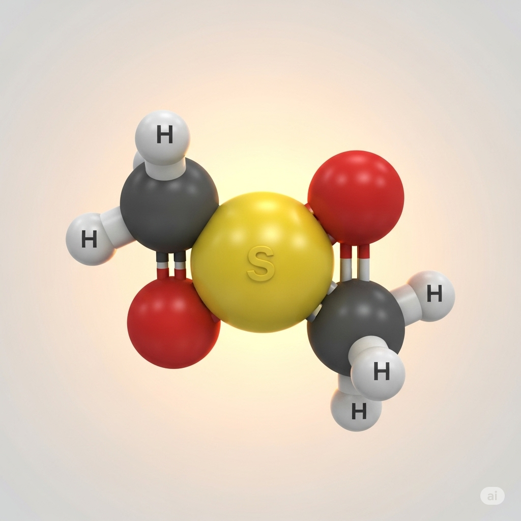DMSO symboliseret ved model af molekylestruktur i rød, gul, grå og hvid.