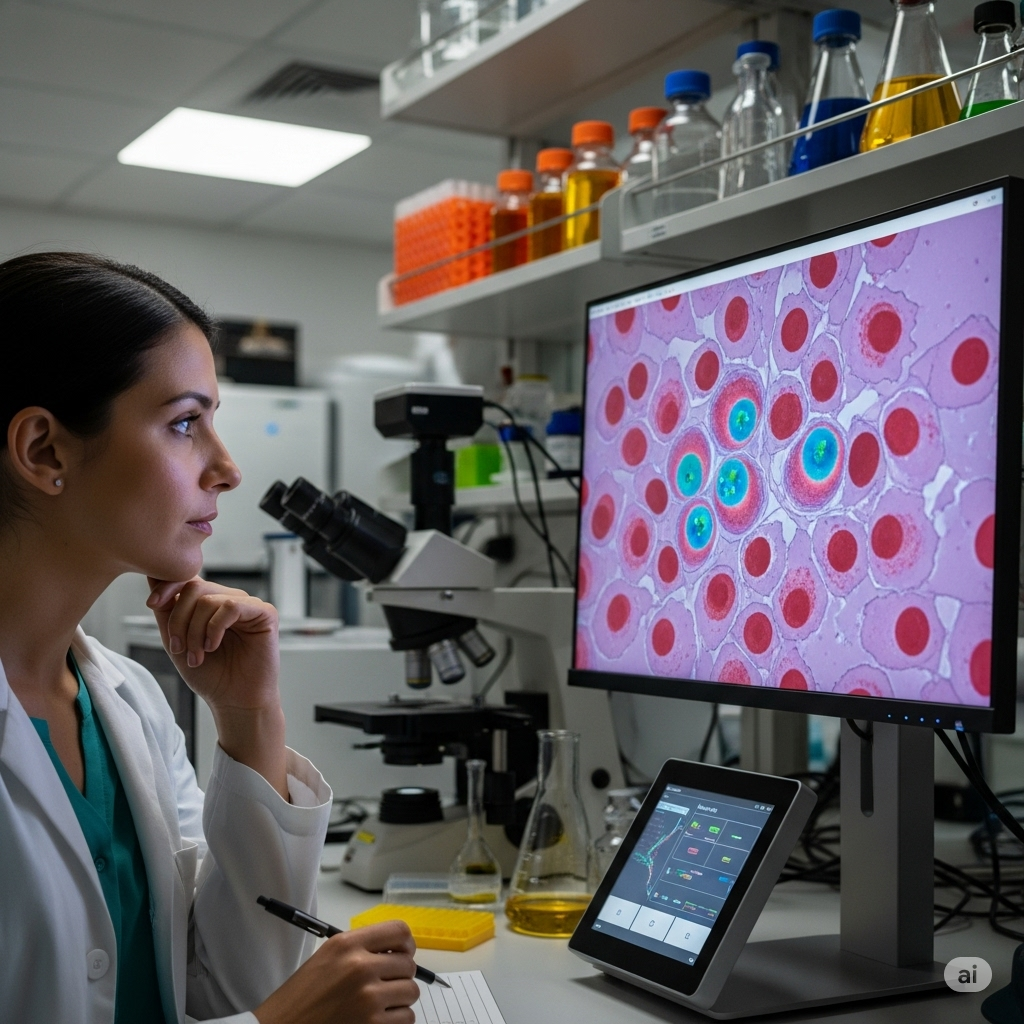 DMSO symboliseret ved kvinde der ser på en computerskærm med celler i forskellig farve.
