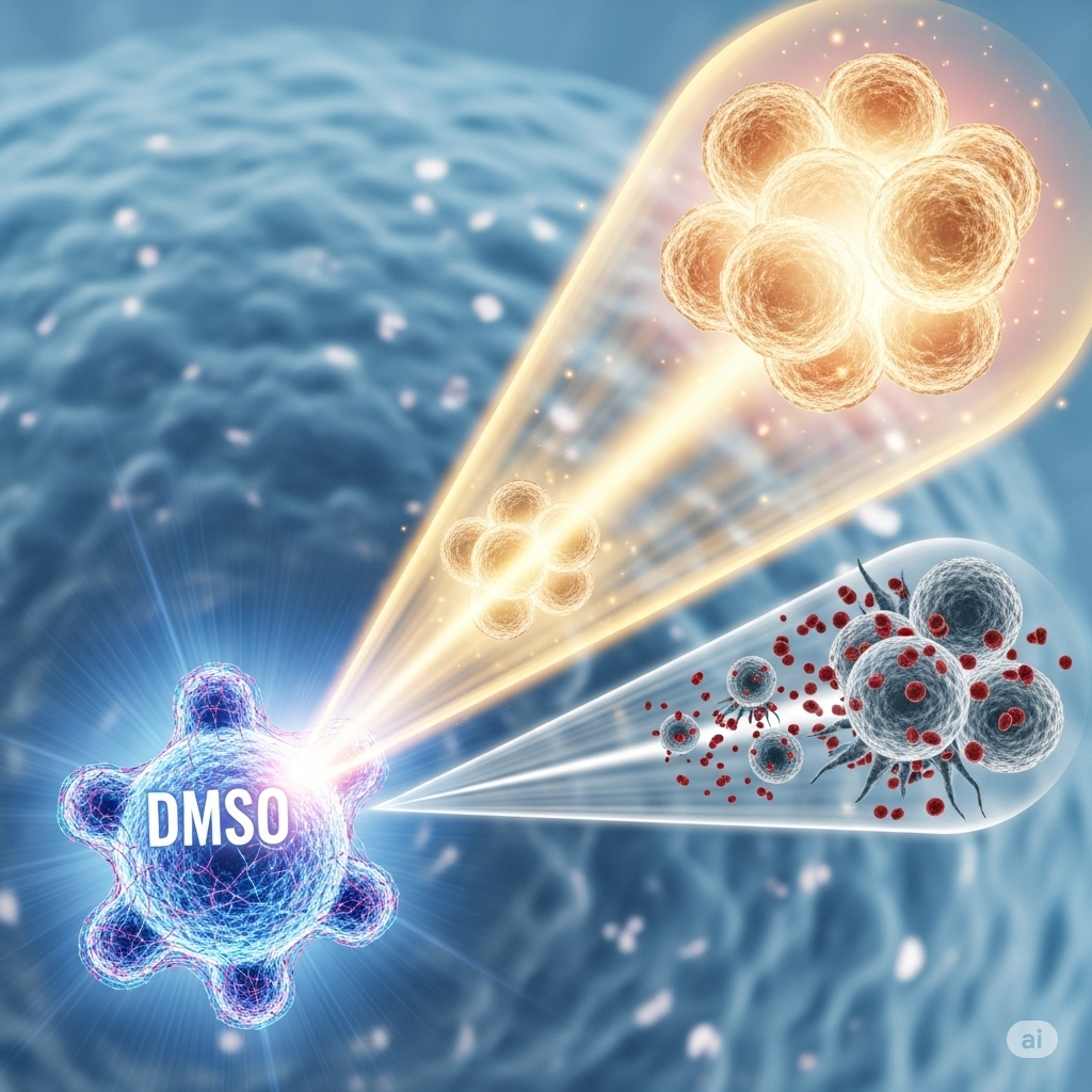 DMSO symboliseret ved tunger der udgår fra et center i blåt.