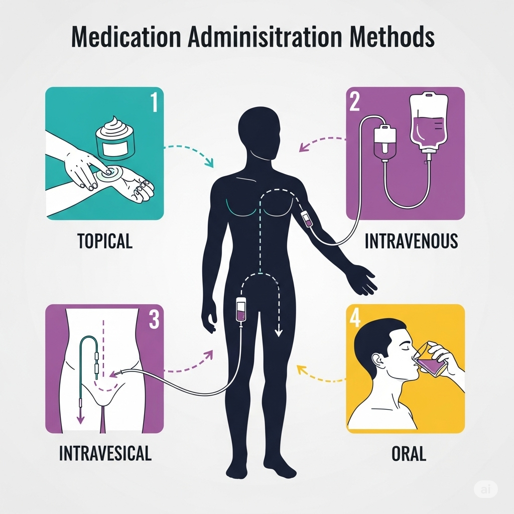 DMSO symboliseret ved planche over hvordan det virker i kroppen. Sort silhuet af menneske i midten. 4 små skitser i hvert hjørne.