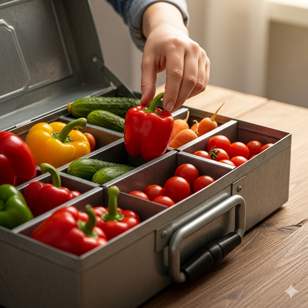 Kost som redskab symboliseret ved en metalkuffert inddelt i 9 rum, hvor der ligger forskellige grøntsager i disse. Så som tomater og rød peber og små agurker.