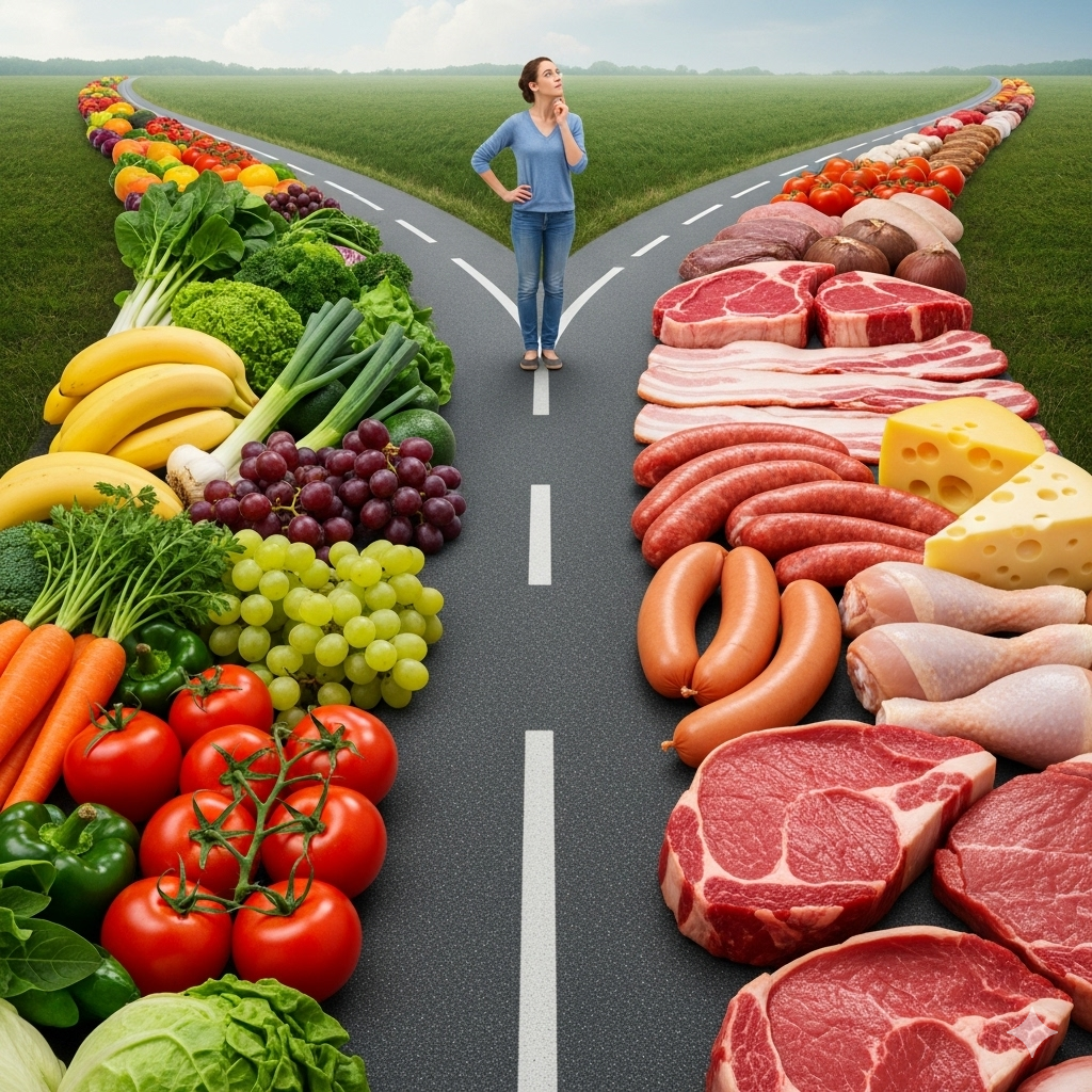 Dæmp inflammation symboliseret ved en vej der deler sig i to, hvor der står en kvinde i skillelinjen. Den ene vejside er fyldt med frugt og grønt og den anden med kød og pølser.