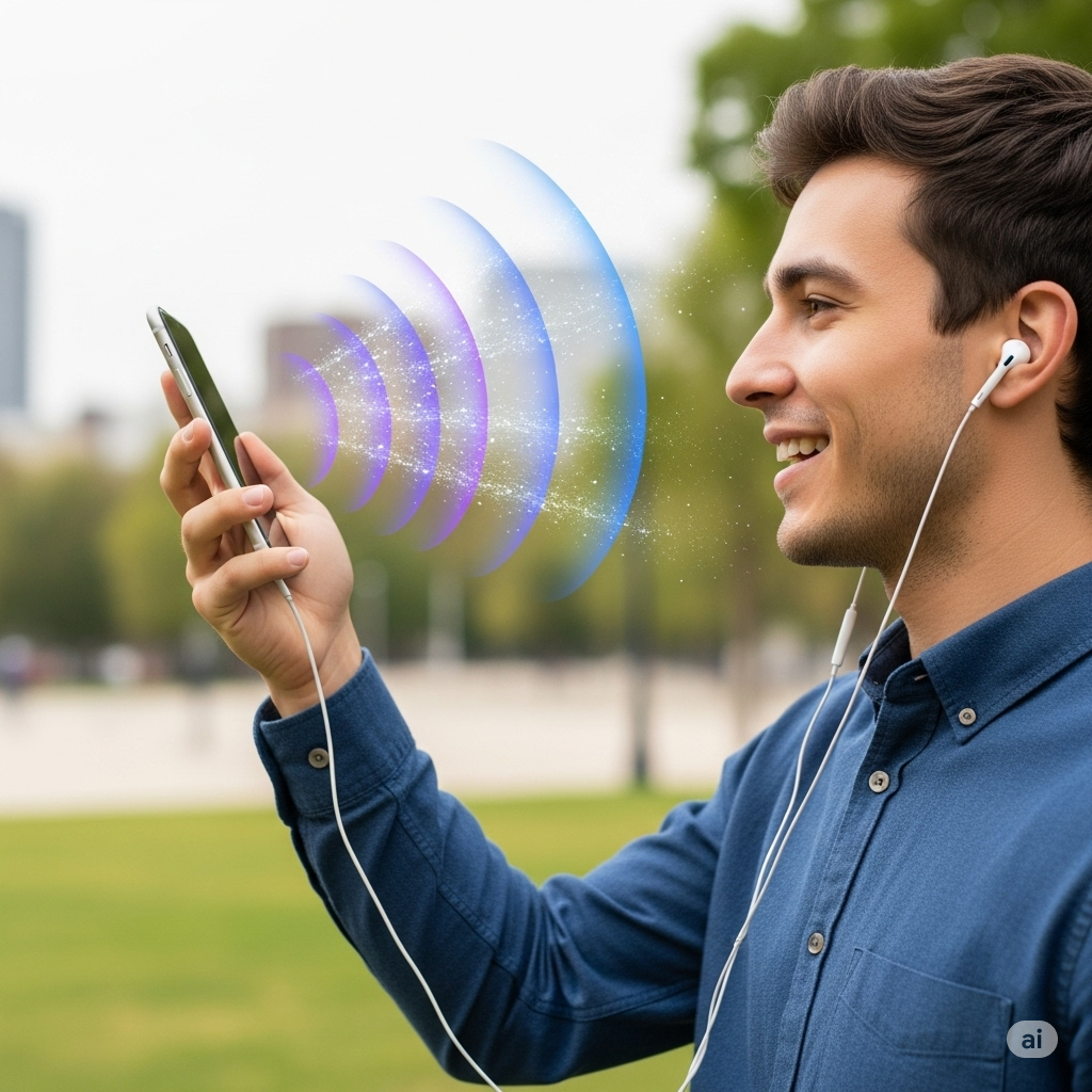 EMF og ioniserende stråling symboliseret ved mand der benytter headset til mobilsamtale.