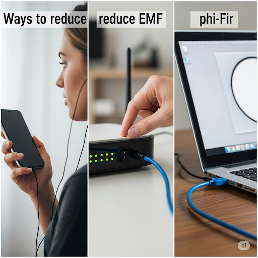 EMF og ioniserende stråling symboliseret ved et tredelt billede med en mobil, en radig og en pc.