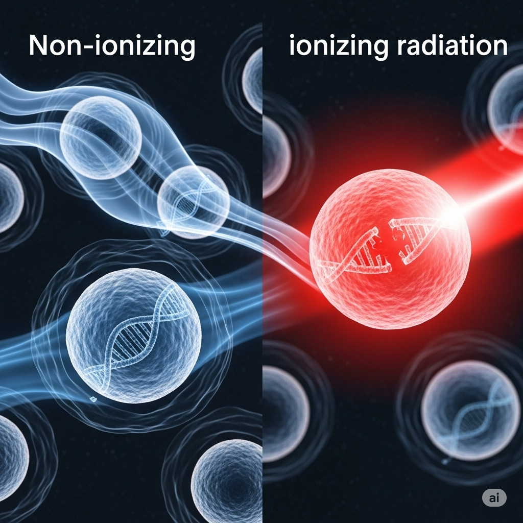 EMF og ioniserende stråling symboliseret ved nogle blå og røde celler der påvirkes af stråling. Sort baggrund.
