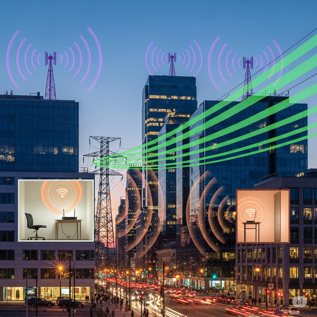 EMF og ioniserende stråling symboliseret ved billede fra storby med elmaster og kommunikstionsbølger.