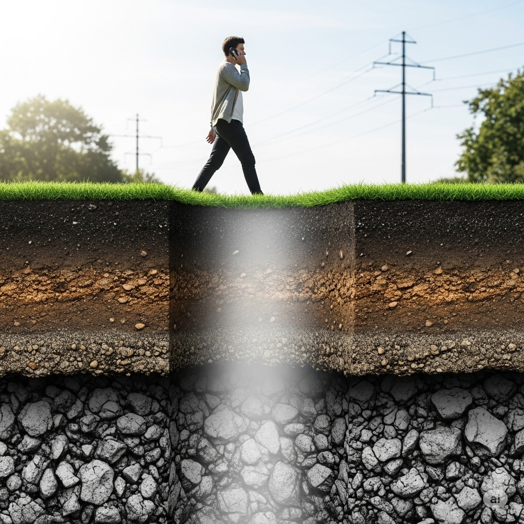 EMF og ioniserende stråling symboliseret ved et menneske der går i silhuet og taler i mobil. Man ser undergrunden i snit, hvor der stiger stråling op fra og højspændingsmaster i baggrunden.