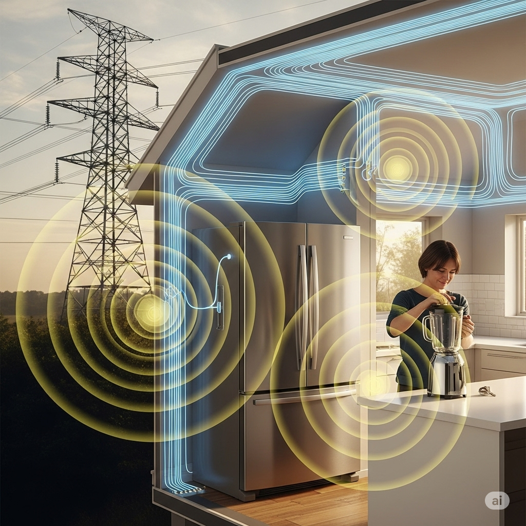 EMF og ioniserende stråling symboliseret ved højspændingsmaster, elnet i vægge.