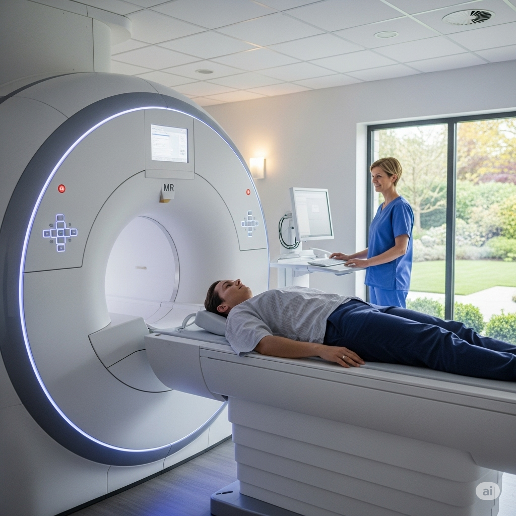 EMF og ioniserende stråling symboliseret ved en person der er på vej ind i en scanner.