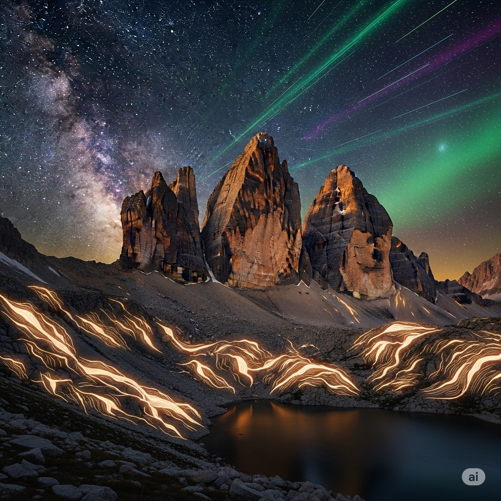 EMF og ioniserende stråling symboliseret ved et bjerglandskab med grøn stråling fra himlen og lys fra jorden.