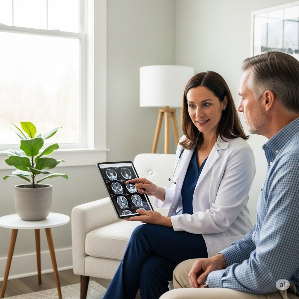 EMF og ioniserende stråling symboliseret ved en kvindelig læge i hvid kittel der taler ed en mandlig patient. de ser på nogle røntgenbilleder.