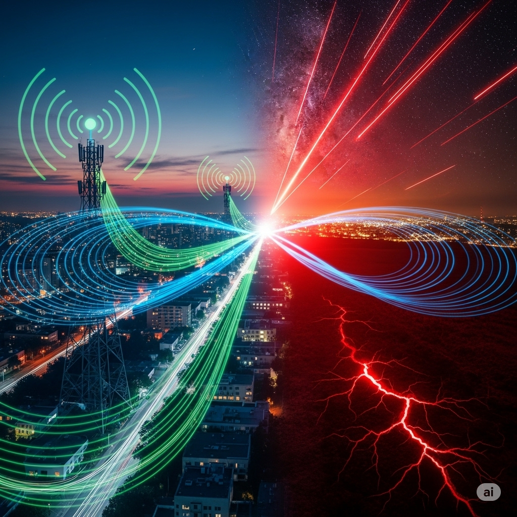 EMF og ioniserende stråling symboliseret ved fire felter med farvet stråling, fra jord, elmast rummet.