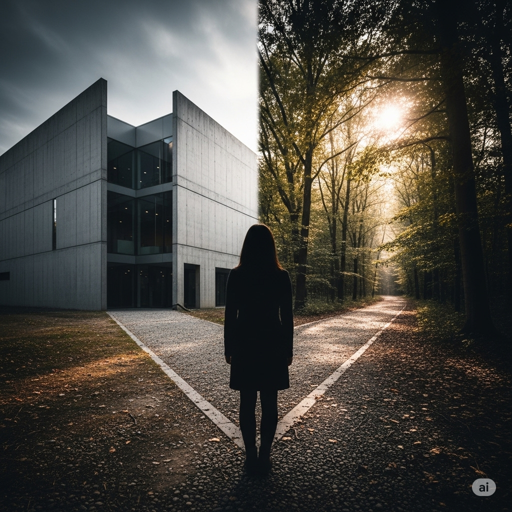 Elle Macpherson valg symboliseret ved en menneske set i silhuet bagfra. Står foran en sti til en skov eller et etagebyggeri.