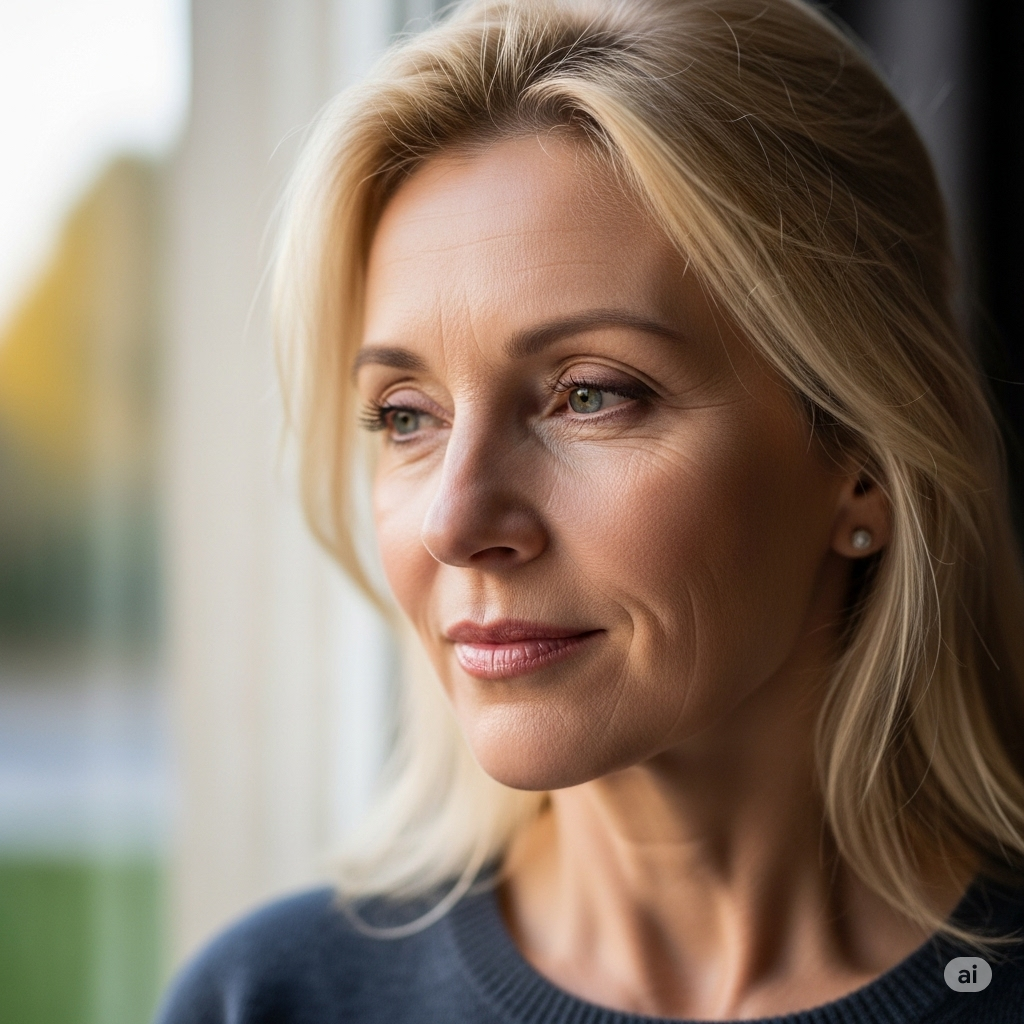 Elle Macpherson valg symboliseret ved en lyshåret kvindes ansigt, der ser drømmende ud gennem et vindue.