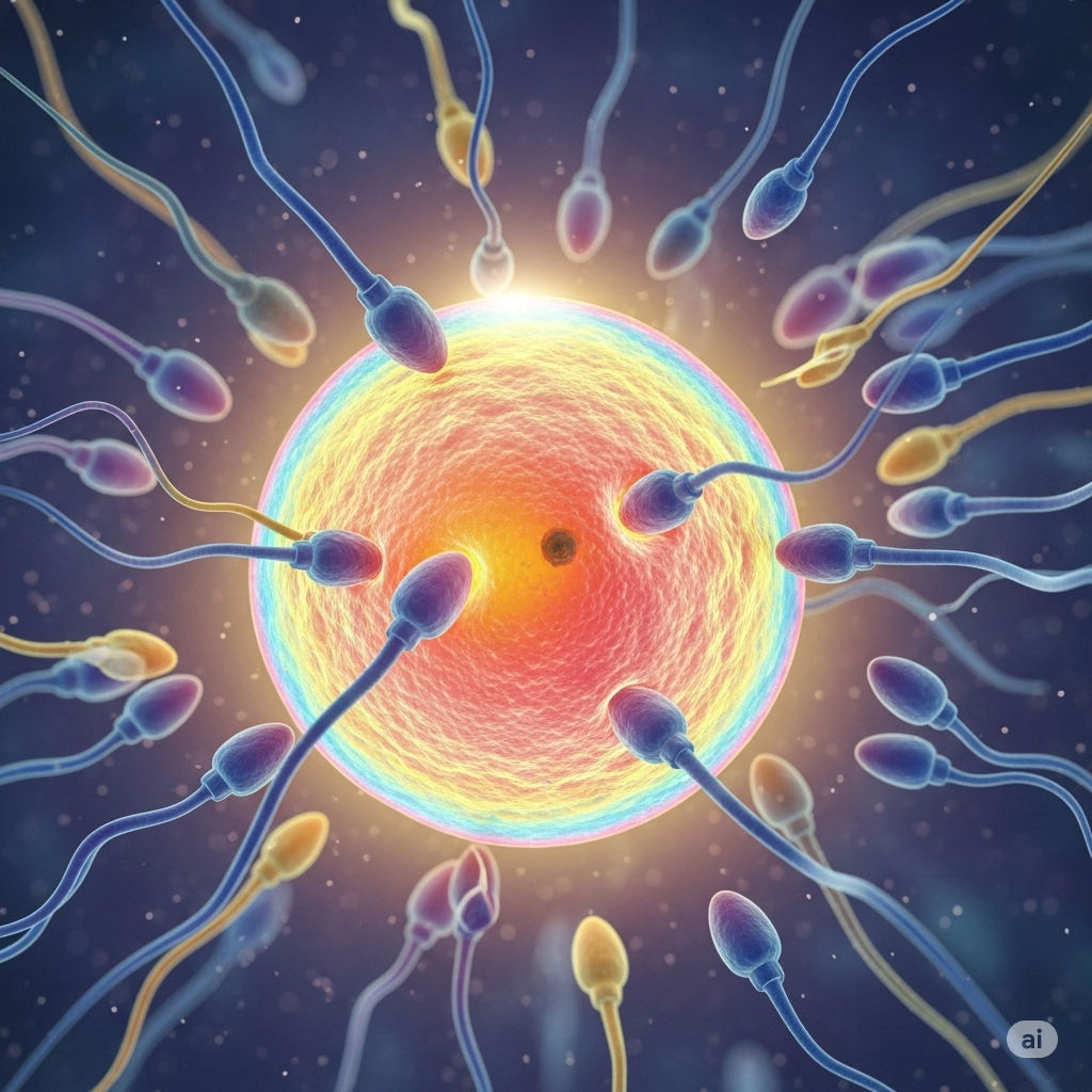 Fertilitet-frugtbarhed symboliseret ved en ægcelle der bombarderes af blå sædceller fra alle sider. Blå baggrund.