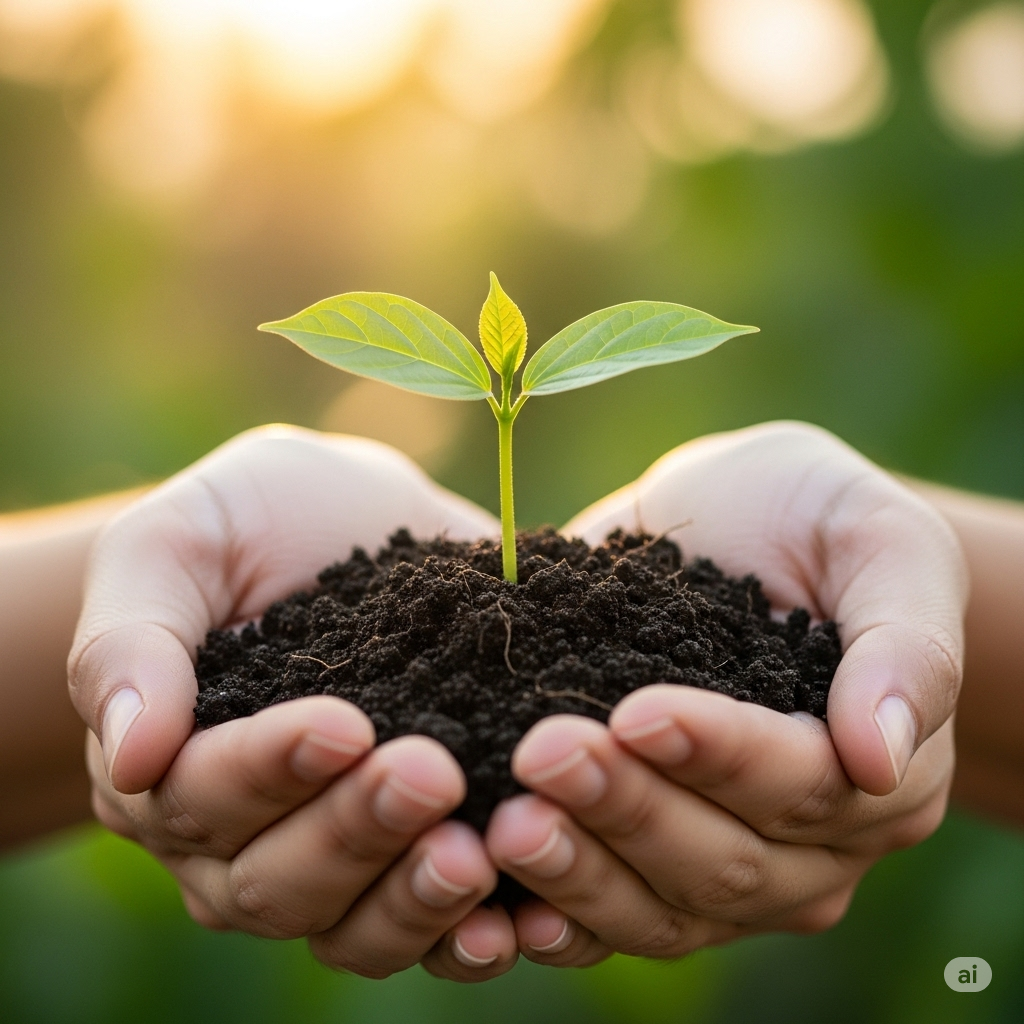Fertilitet-frugtbarhed symboliseret ved en plante der gror i muldjord og gødes med kærlige hænder.