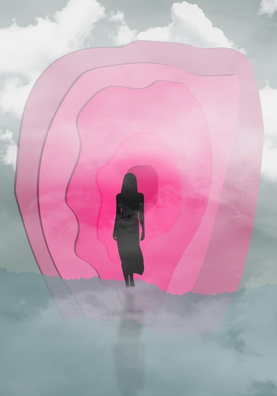 Fertilitet-frugtbarhed symboliseret ved drømmeagtigt billede med silhuet af kvinde i midten. Derom nogle rosa former. Står på gråt underlag. Hvidlig baggrund.