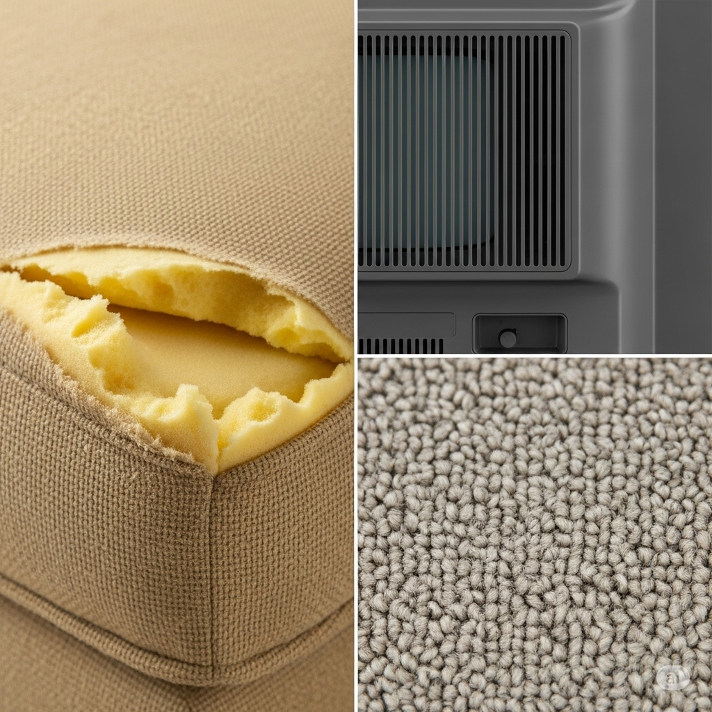 Hormonforstyrrende stoffer symboliseret ved hjørne af sofahynde, del af tæppe eller bademåtte og en ventilator eller varmeapparat.