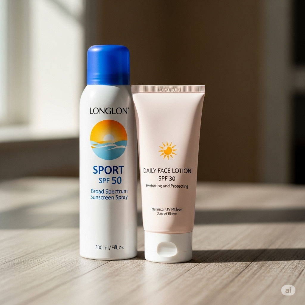 Hormonforstyrrende stoffer symboliseret ved solcremer en i sprayflaske og en som creme.