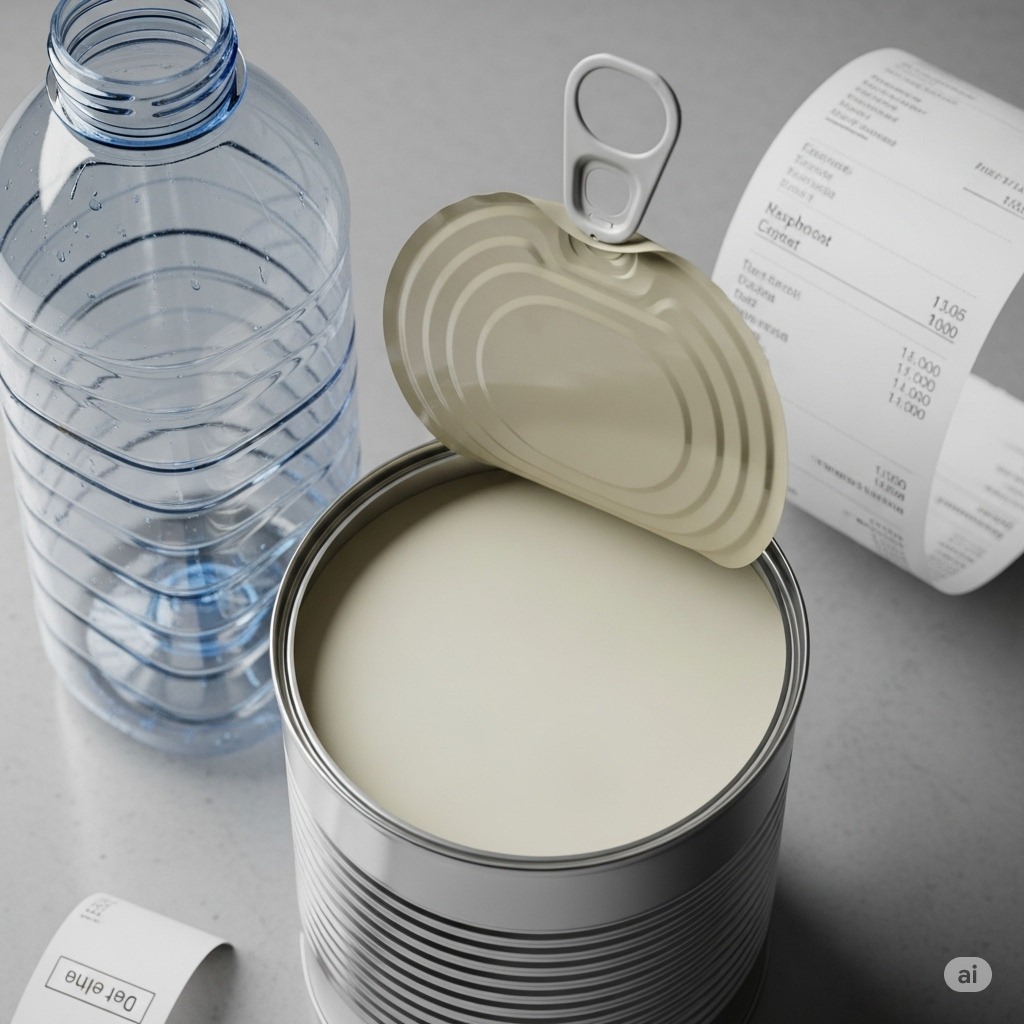 Hormonforstyrrende stoffer symboliseret ved en åbnet dåse med hvidt indhold, en tom plasticflaske.