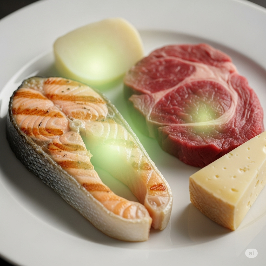 Hormonforstyrrende stoffer symboliseret ved en hvid tallerken med laks, kød og ost.