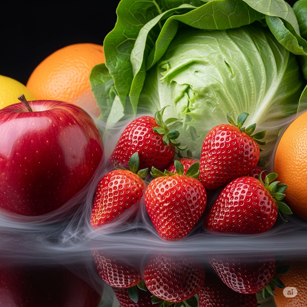 Hormonforstyrrende stoffer symboliseret ved nogle friske grøntsager og frugter som jordbær, æble.